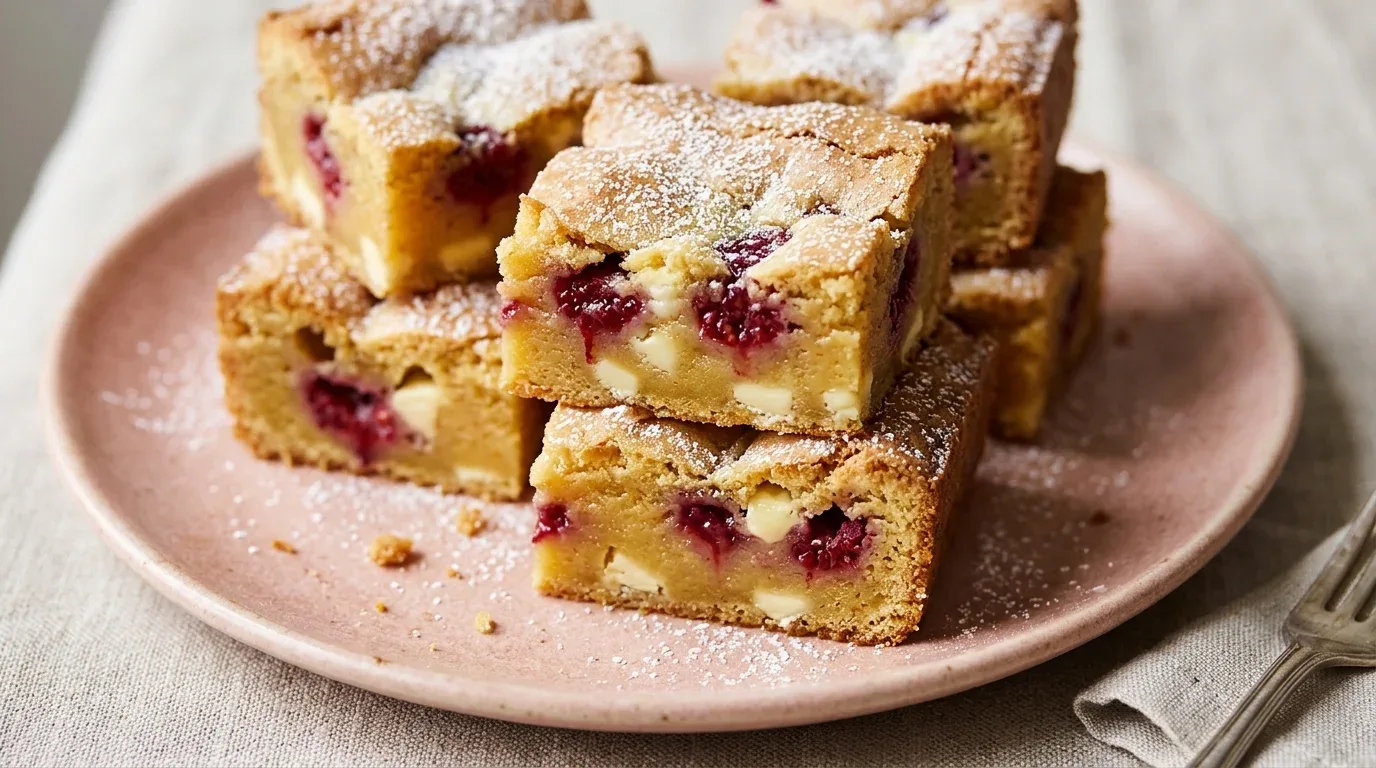 Raspberry white chocolate blondies with visible berries and a light powdered sugar topping.