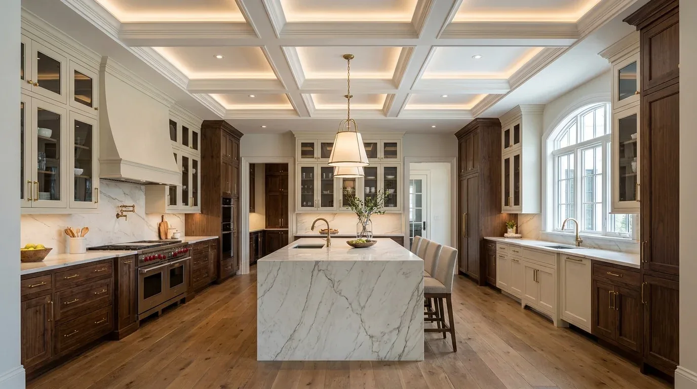 Curved false ceiling adding softness to a modern kitchen
