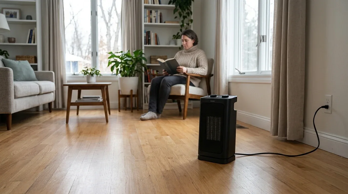 A portable electric heater provides supplemental warmth when used with safe clearances.