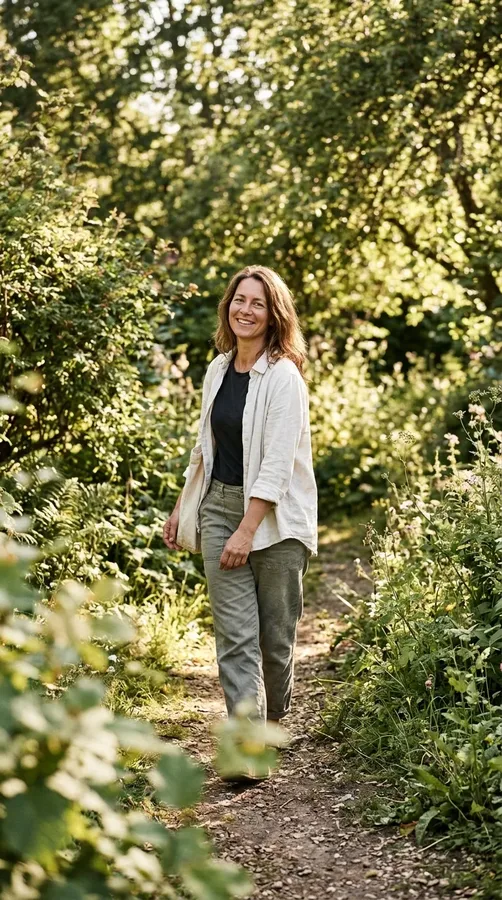 Woman smiling naturally while walking, illustrating relaxed movement during a photo session.