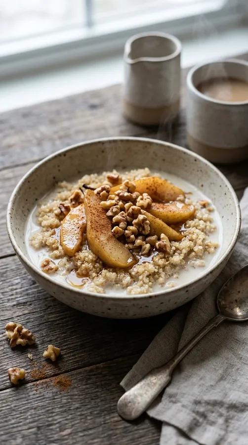 Warm breakfast quinoa topped with cinnamon pears, walnuts, and maple syrup.