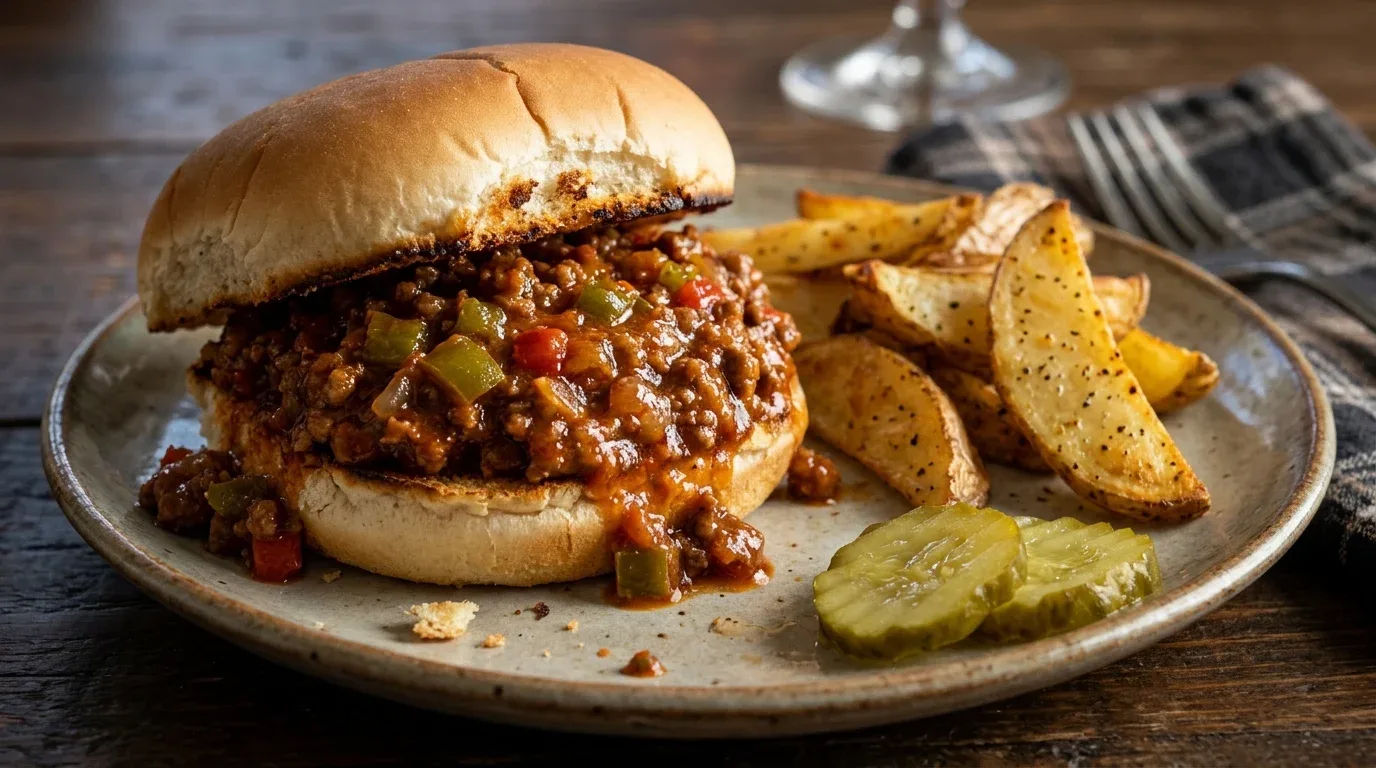 Homemade sloppy Joe sandwich filled with savory ground beef, peppers, and onions on a toasted bun.