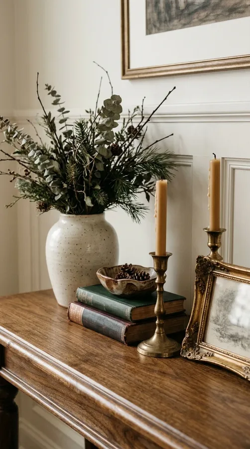Brass accessories, handmade ceramics, and vintage books complete an understated old money interior.