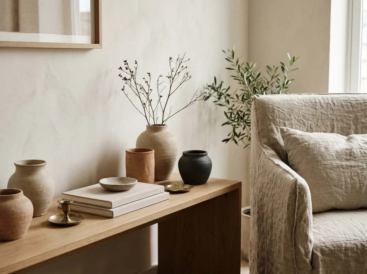 A balanced decor arrangement combining matte ceramics, natural wood, linen, and restrained brass accents.