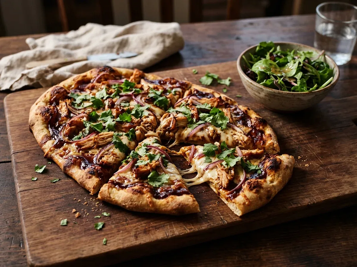 BBQ chicken flatbread pizza topped with melted mozzarella, red onion, and fresh cilantro.