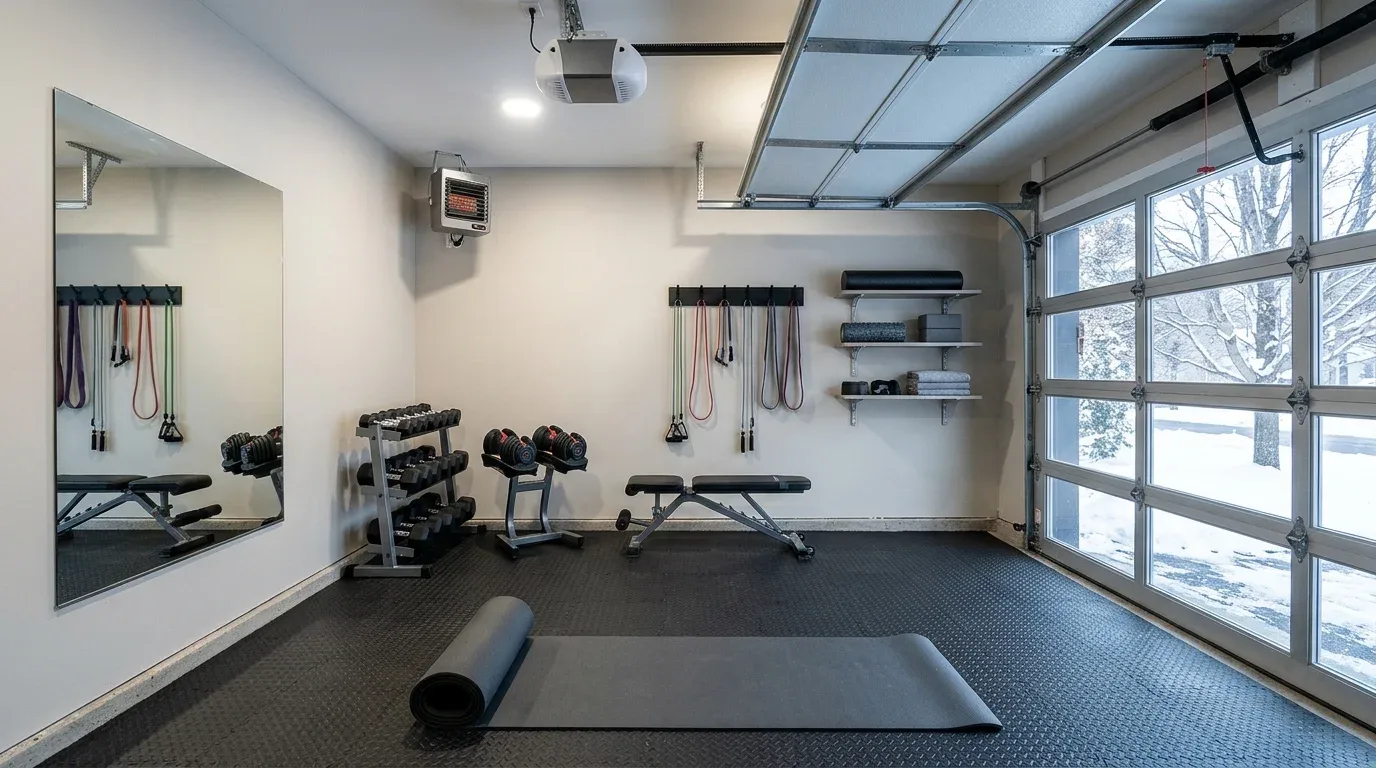Compact garage home gym with dumbbells, resistance bands, an exercise mat, and organized equipment.