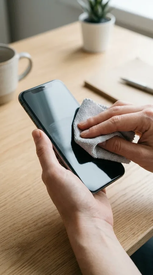 Hands cleaning a smartphone screen with a microfiber cloth as part of everyday hygiene.