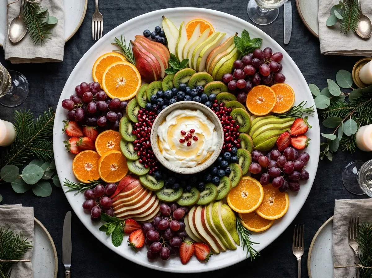 Elegant winter fruit centerpiece with citrus, grapes, pears, kiwi, berries, pomegranate, and fresh herb accents.