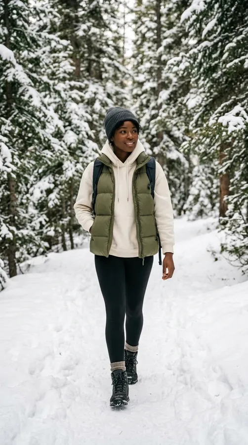 Black woman wearing an olive puffer vest, cream hoodie, thermal leggings, and hiking boots.