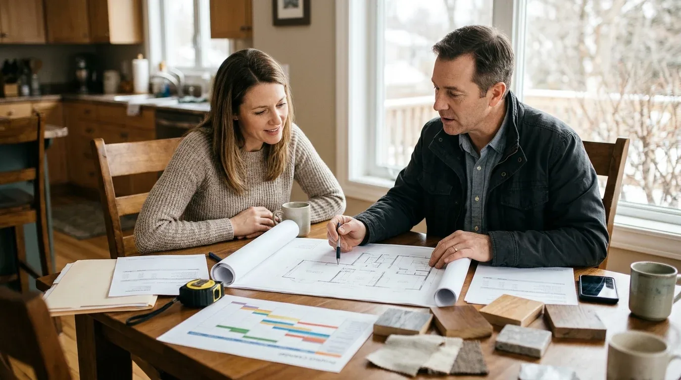 Homeowner reviewing renovation estimates and a project timeline with a contractor