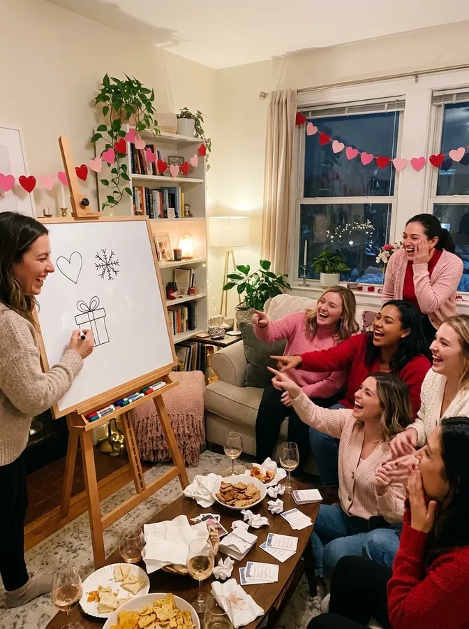 Friends playing Galentine's Pictionary with a whiteboard and themed drawing prompts.