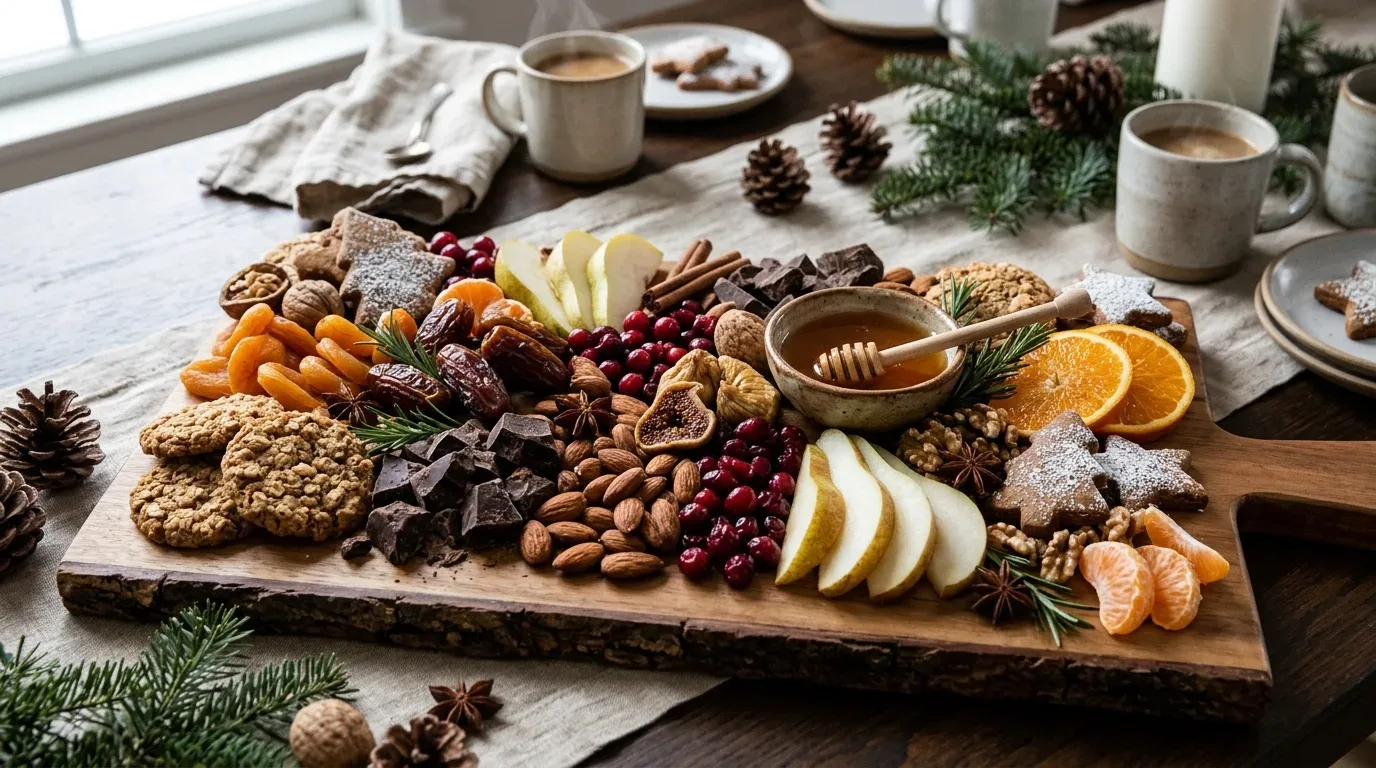 Rustic winter dessert board with dried fruit, nuts, dark chocolate, gingerbread, oat cookies, and honey.