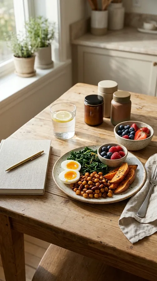 Balanced whole foods and simple wellness essentials for supporting hair health through nutrition.