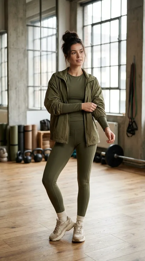 An olive-green matching gym set offers a polished earth-tone look for winter workouts.