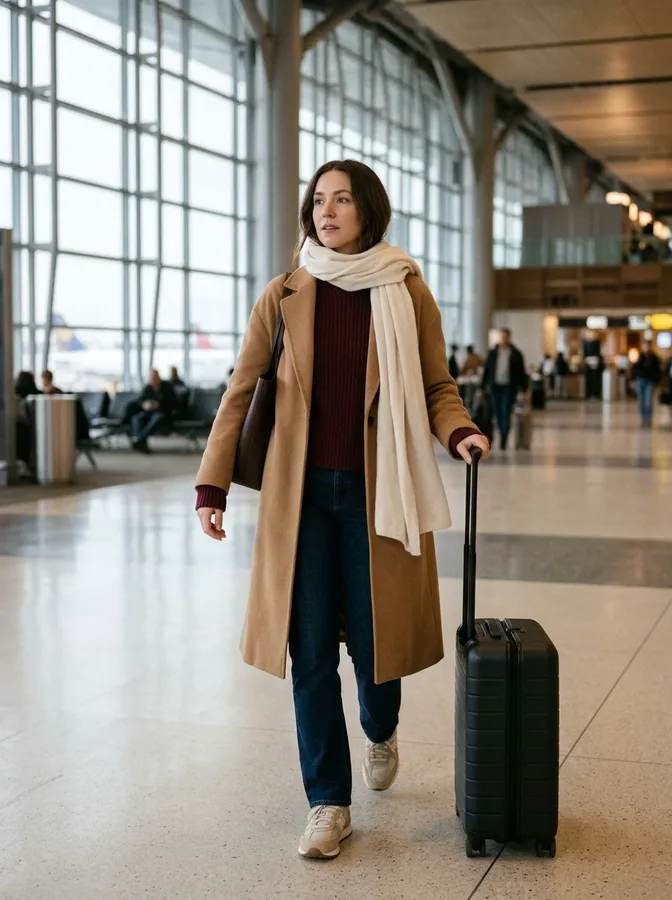 Burgundy sweater and dark jeans styled with a camel coat and cream scarf for winter airport travel.