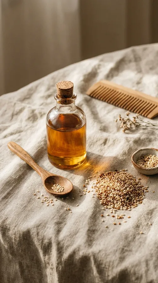 Sesame oil and sesame seeds for traditional hair conditioning