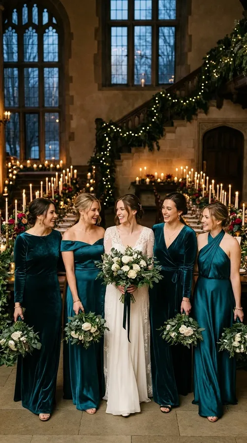 Teal bridesmaid gowns styled with ivory bouquets and gold winter wedding accents.