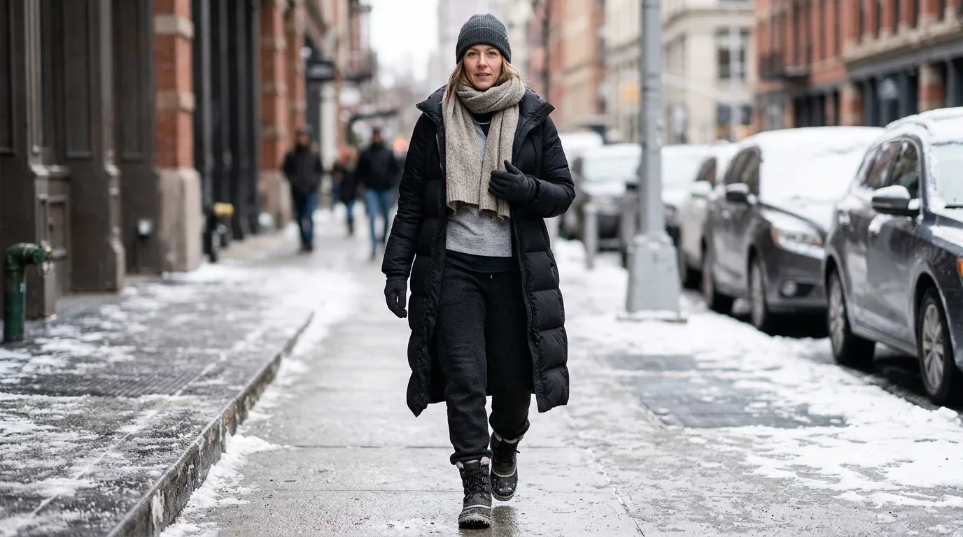 Long black puffer coat with thermal layers, warm trousers, insulated boots, scarf, and beanie.