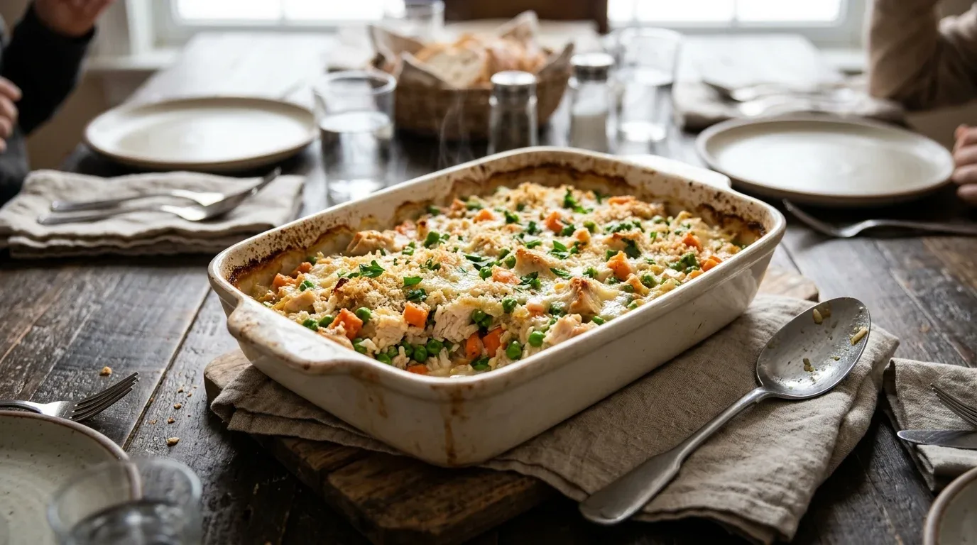 Homemade chicken and rice casserole with peas and carrots.