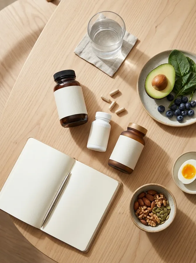 Unbranded supplement bottles beside balanced foods, emphasizing informed supplement choices.