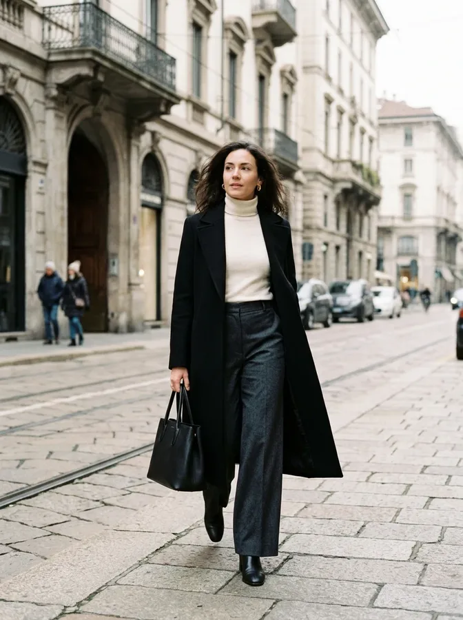 Charcoal wide-leg trousers and a fitted cream sweater with a black coat for modern winter elegance.