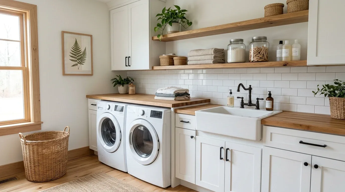 Farmhouse laundry room decorated with a small green plant, botanical artwork, and natural wood accents.