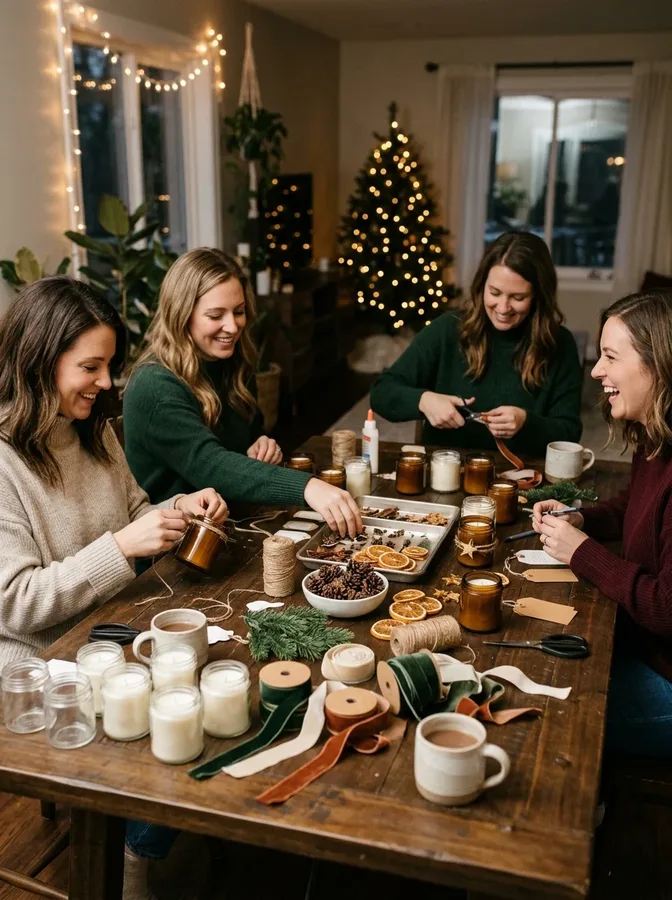 Friends decorating candle jars with ribbons and winter embellishments at a home craft station.