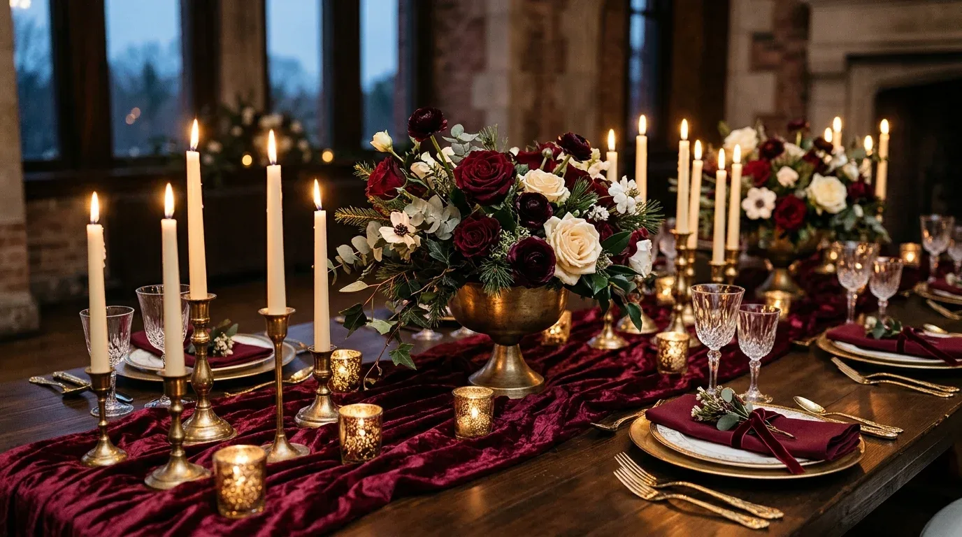 Burgundy and gold winter wedding centerpiece with rich fabric textures and elegant candleholders.