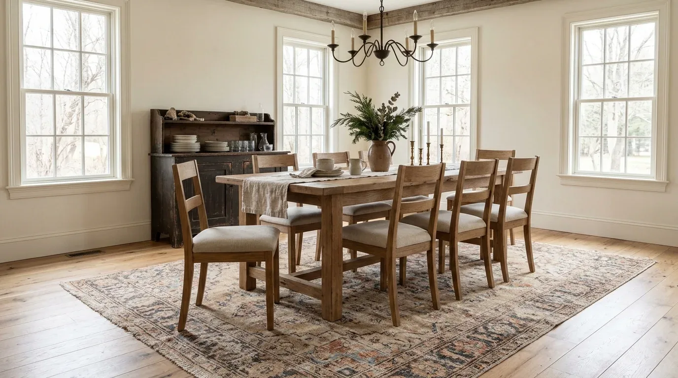 Farmhouse dining table and chairs arranged over a muted vintage-style rug in warm winter colors.