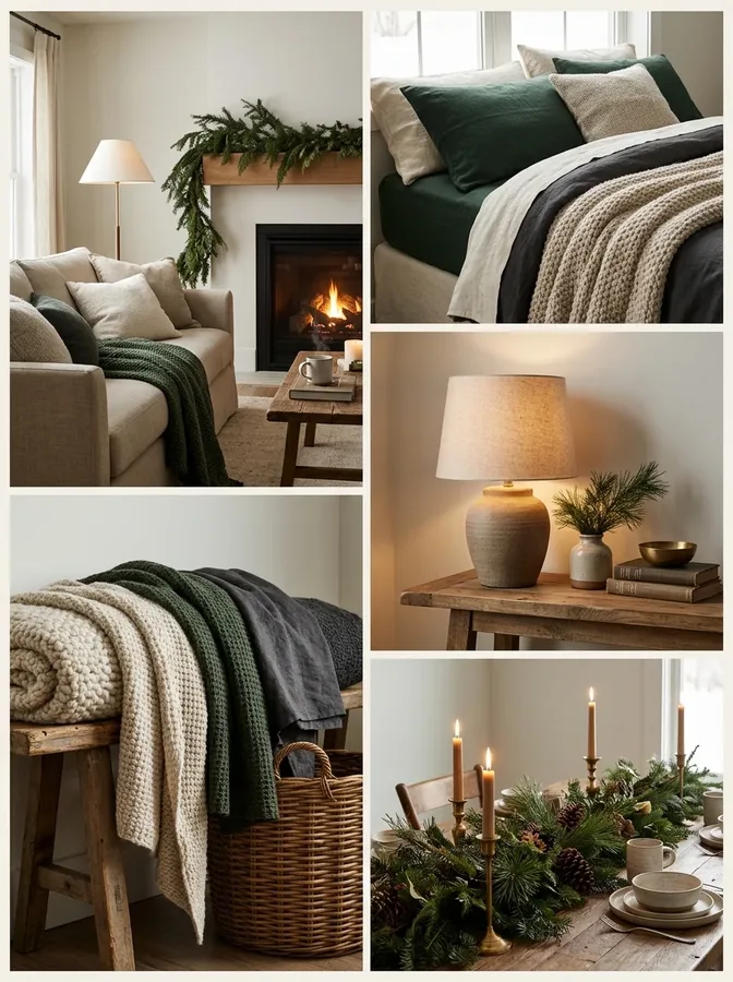 Winter home decor content collection featuring cozy rooms, warm lighting, and seasonal centerpieces