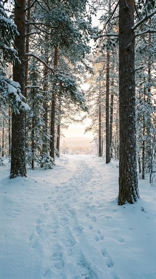 A winding snowy path with footprints leading through pine trees toward a sunlit horizon.