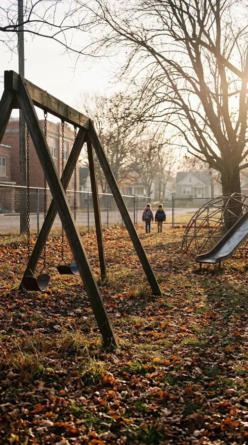 A nostalgic childhood playground with two old friends walking in the distance.