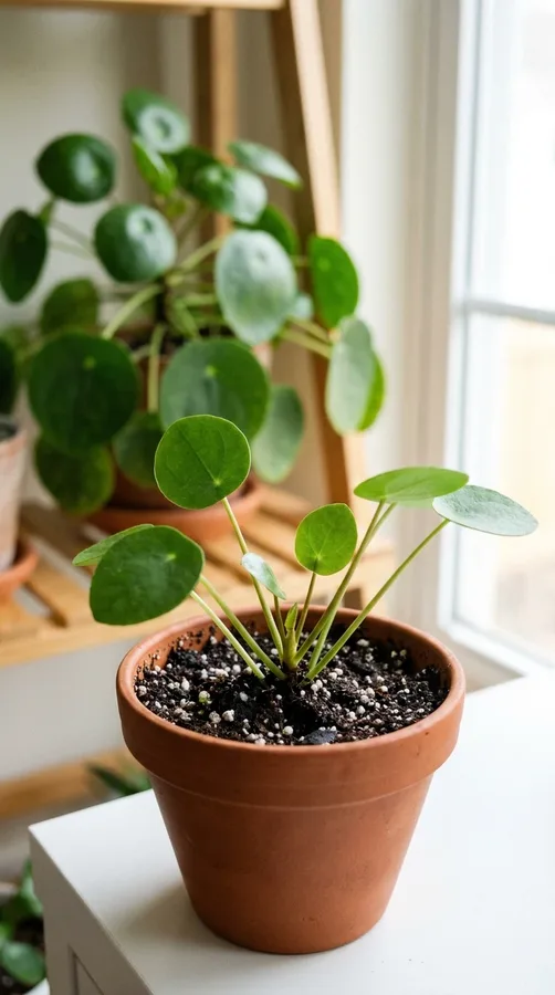 Inspecting Chinese money plant leaves for common houseplant pests.