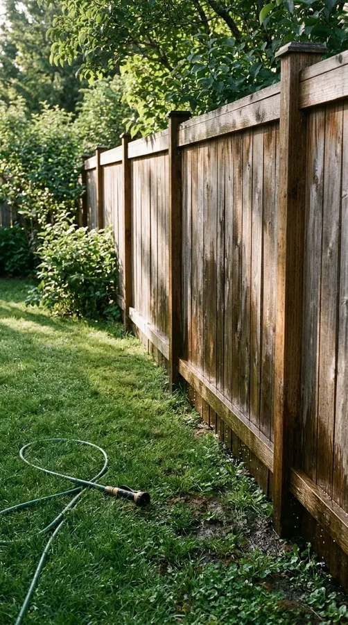 Freshly rinsed wooden fence drying naturally in the sunshine after gentle cleaning.