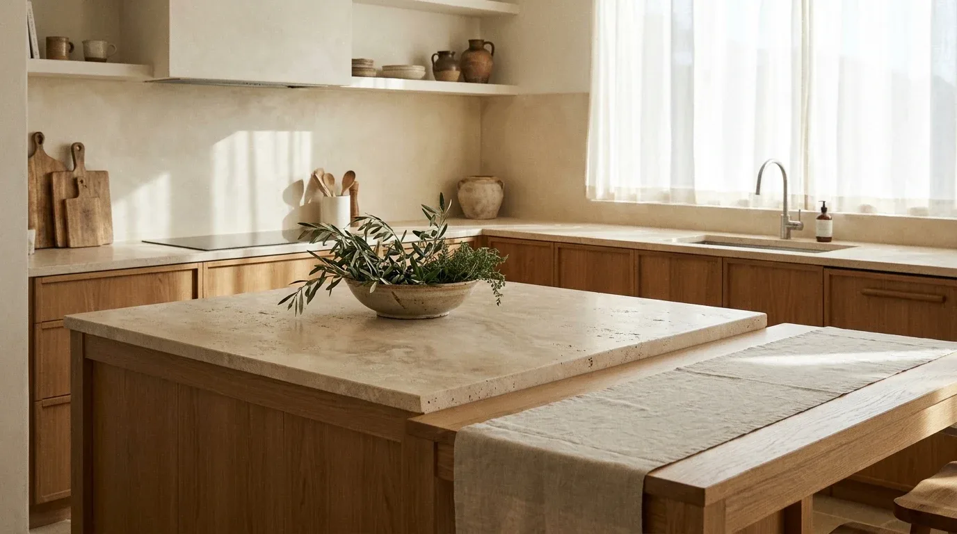Pale beige limestone countertop paired with warm oak cabinetry in an organic kitchen.