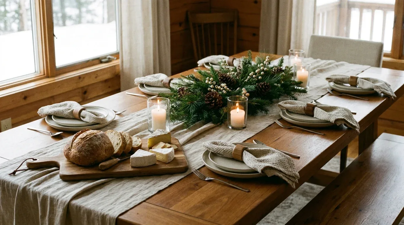 Winter dining table with linen, ceramic dishes, evergreen branches, and a natural centerpiece.