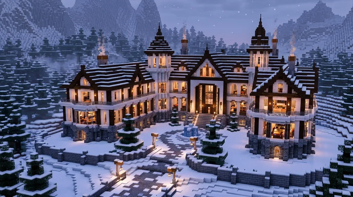 Minecraft winter cottage with a glass greenhouse containing crops, connected by a lantern-lit path across the snow.