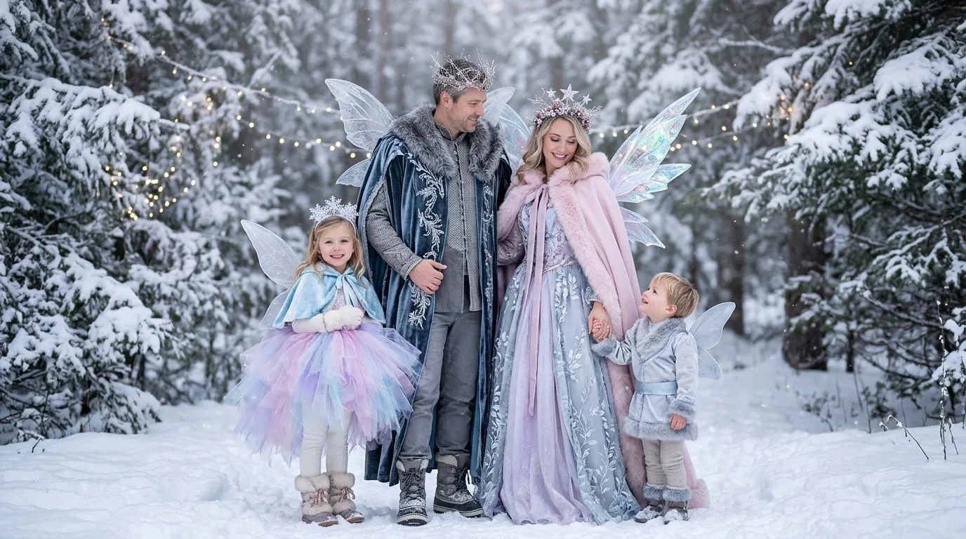 Family wearing magical winter fairy costumes with sparkling wings, flowing capes, and pastel colors.