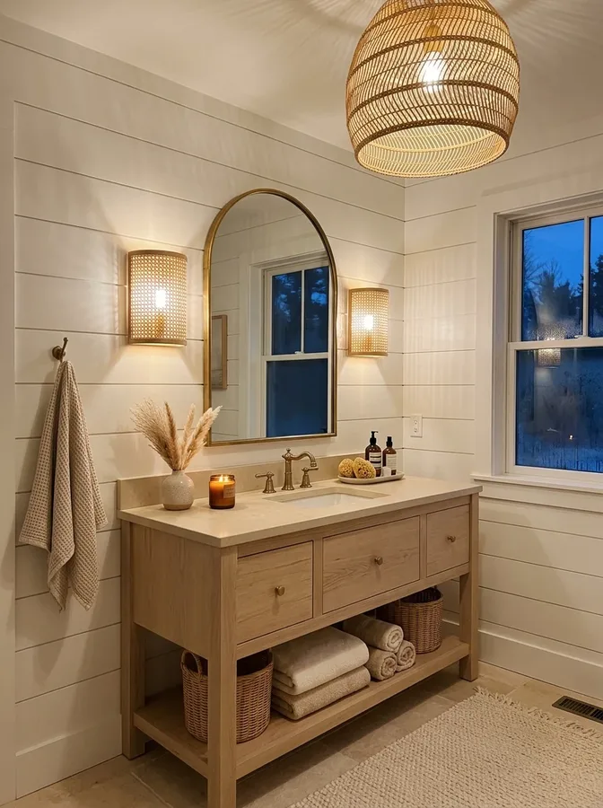 Rattan pendant lighting creating a warm and inviting coastal bathroom atmosphere.