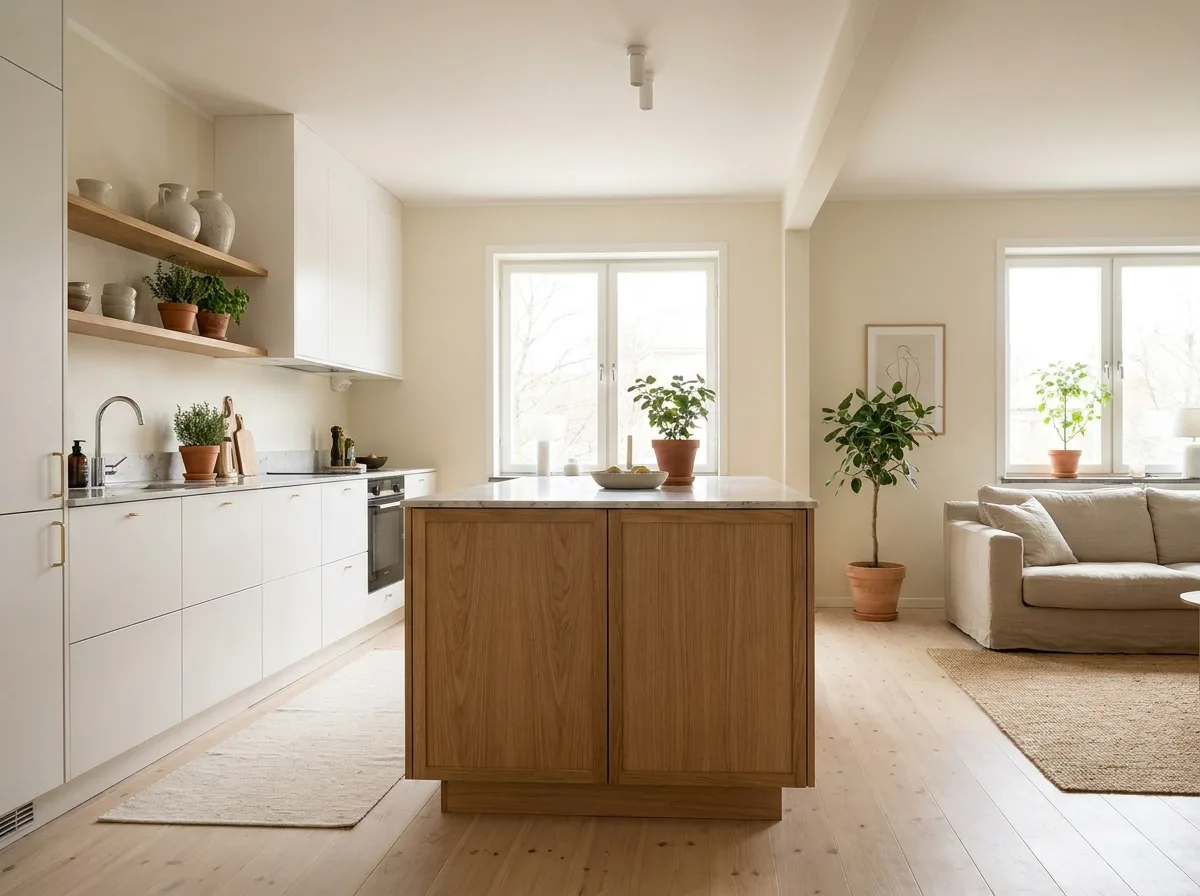 Open kitchen with a space-efficient peninsula, bar stools, and connected living area.