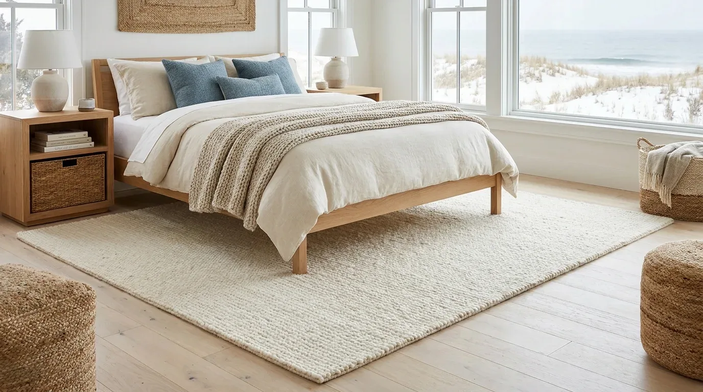 Soft ivory area rug beneath a bed with neutral bedding in a warm coastal bedroom.