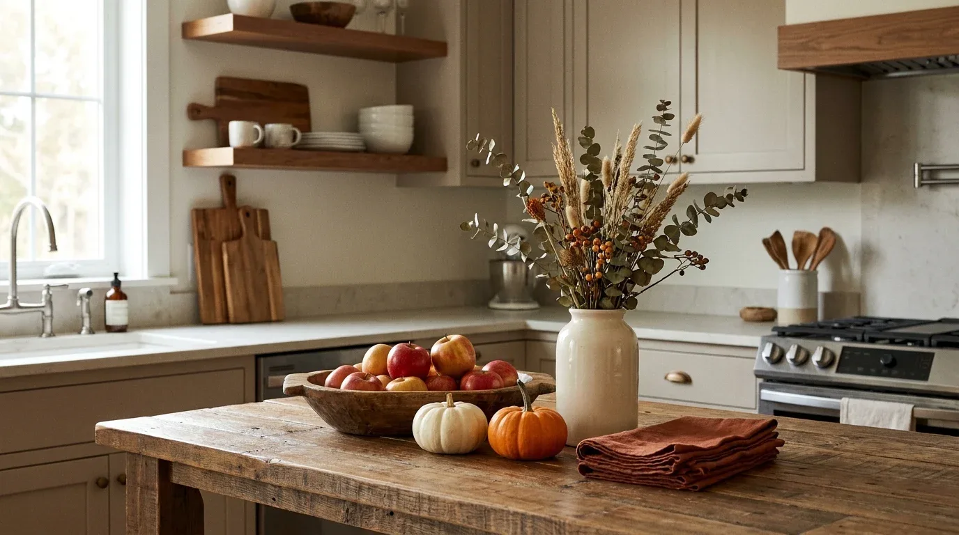 Kitchen counter with apples, small pumpkins, wooden cutting boards, dried foliage, and autumn tea towels.