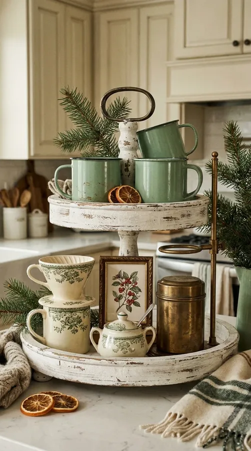 Vintage winter coffee tray with distressed finishes, patterned mugs, and antique-style accents.