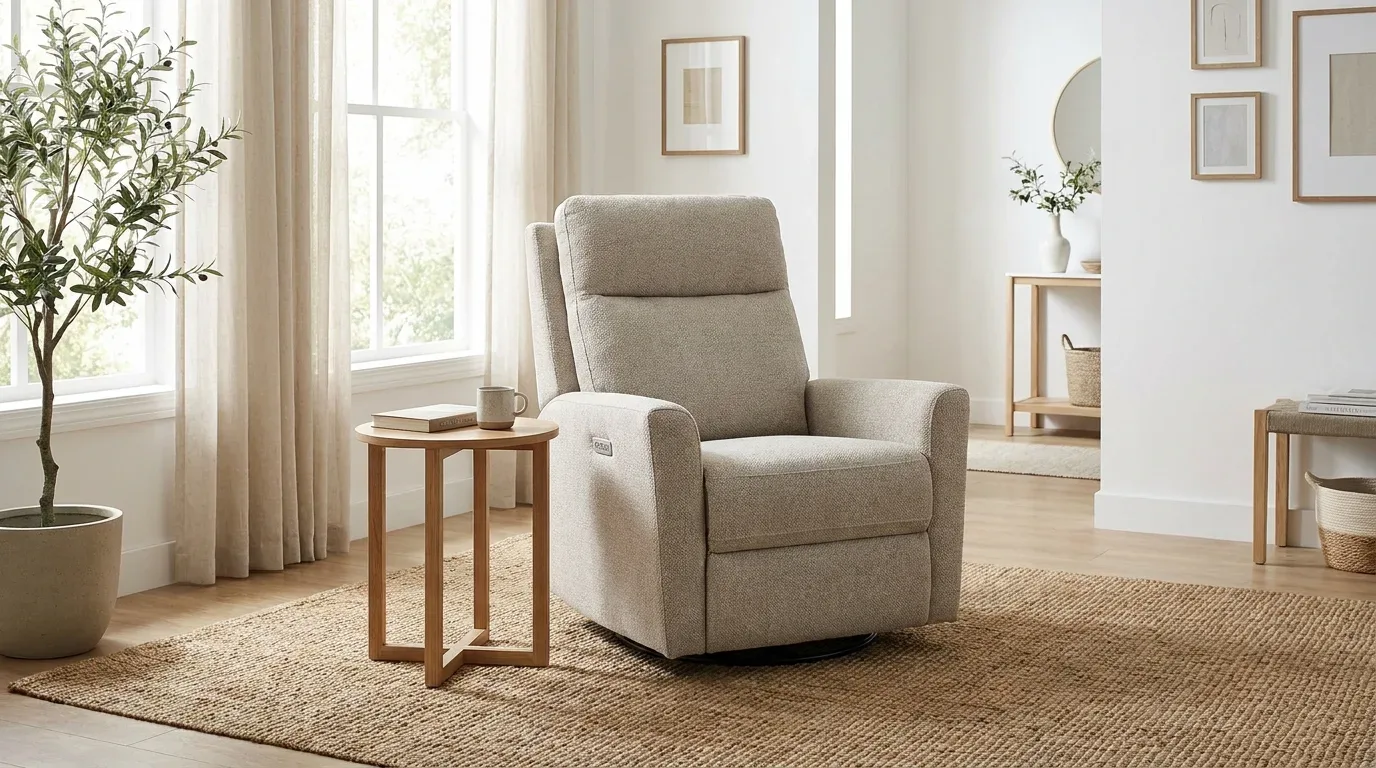 Power swivel rocker in a practical living room with ample space for reclining and swiveling.