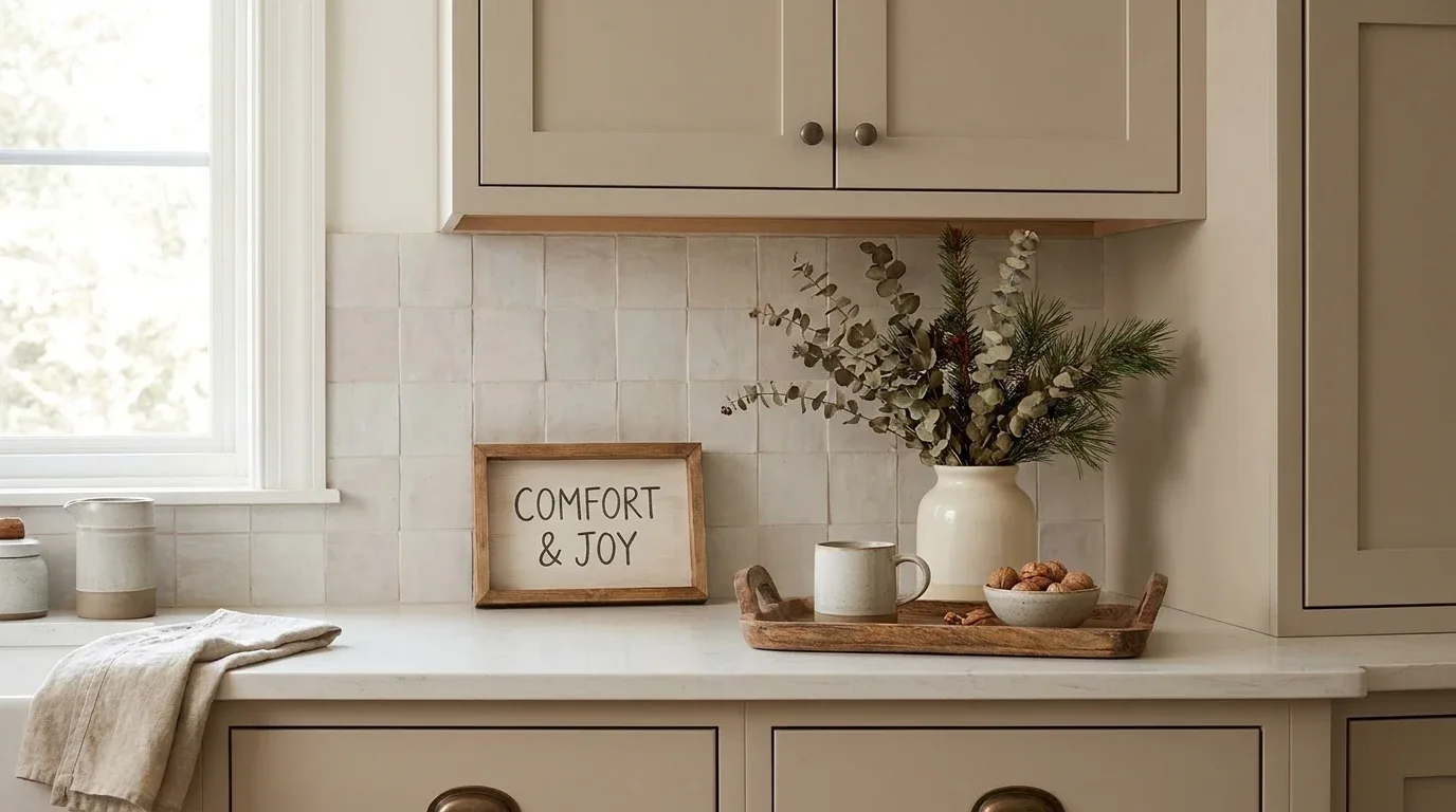 Small wooden seasonal sign styled with ceramic decor on a cozy kitchen counter