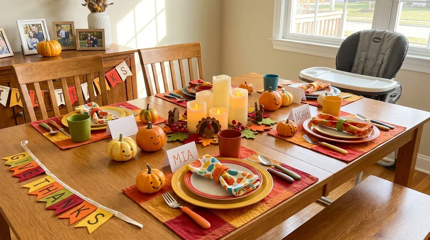 Kid-friendly Thanksgiving table with colorful placemats, sturdy dishes, pumpkins, and simple decorations.