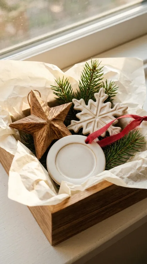 A small collection of wooden and ceramic Christmas ornaments arranged as a thoughtful Secret Santa gift.