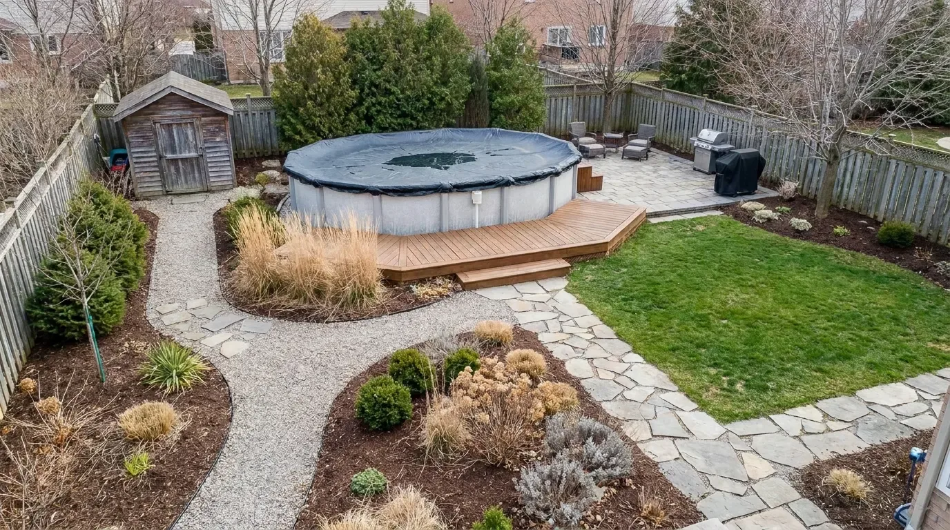 Year-round backyard layout with an above-ground pool, patio, storage shed, pathways, and garden beds.