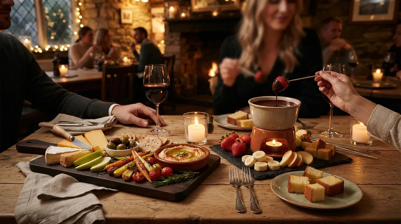 Savory sharing board and chocolate fondue with fruit for a playful romantic winter dinner.