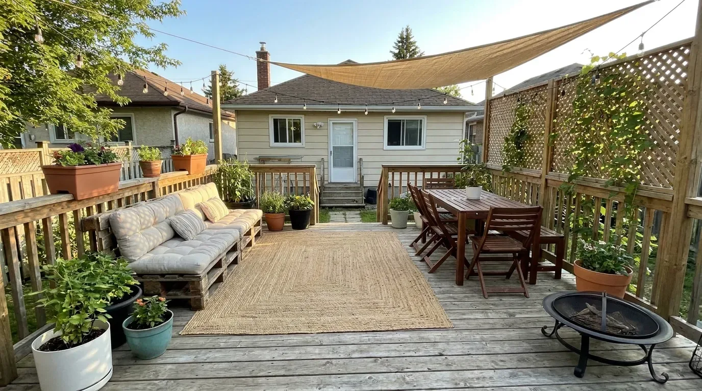 Backyard deck with a simple affordable shade canopy